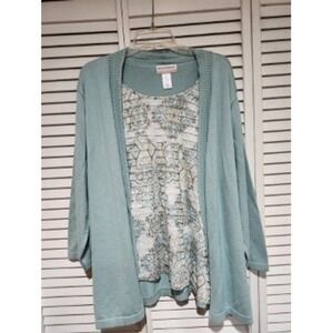 Alfred Dunner Women's 2X Cardigan Twin Set Teal Blue Print Top Lightweight